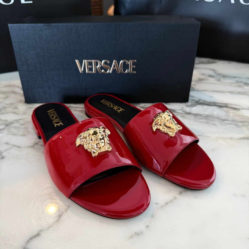 Versace Medusa Biggie Red Patent Leather Flat Slides Sandals Gold Hardware 37 - Picture 11 of 14